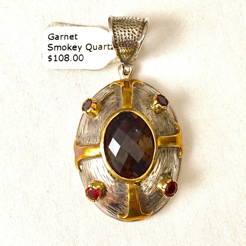 NWT Silver Garnet and Smoky Quartz Pendant